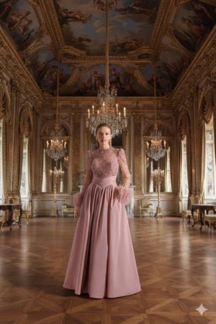 KENZEL KOLLARI VE OMUZLARI TRANSPARAN TÜYLÜ ABİYE ELBİSE