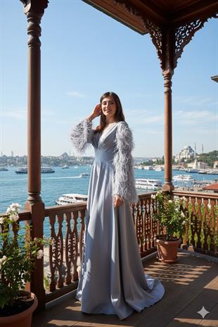 KENZEL KOLLARI YIRTMAÇLI PÜSKÜLLÜ ABİYE-GRİ