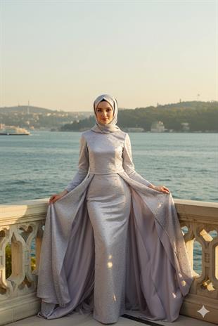 KENZEL KUYRUKLU İNCİ İŞLEMELİ ABİYE-GRİ