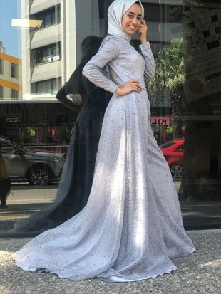 KENZEL KUYRUKLU İNCİ İŞLEMELİ ABİYE-GRİ