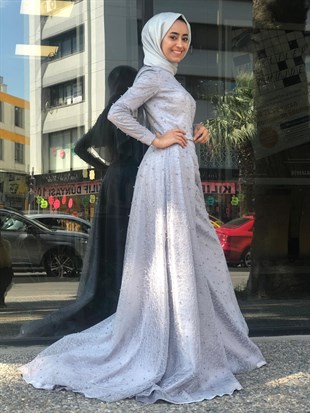 KENZEL KUYRUKLU İNCİ İŞLEMELİ ABİYE-GRİ