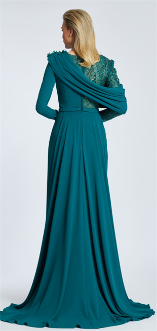 KENZEL SHOULDER AND SLEEVE STONE EVENING DRESS