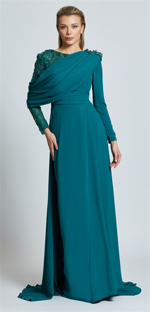 KENZEL SHOULDER AND SLEEVE STONE EVENING DRESS