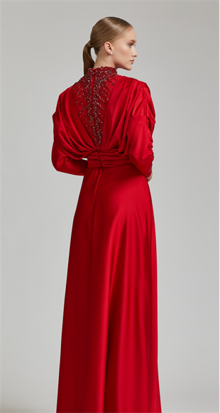 KENZEL SATEN  YAKA VE GÖĞSÜ TAŞ İŞLEMELİ EVENING DRESS