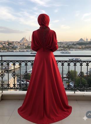 KENZEL SATEN  YAKA VE GÖĞSÜ TAŞ İŞLEMELİ ABİYE