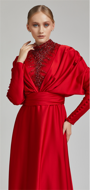 KENZEL SATEN  YAKA VE GÖĞSÜ TAŞ İŞLEMELİ EVENING DRESS