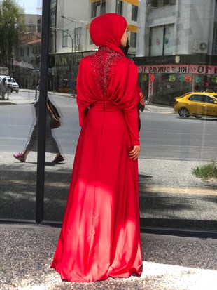 KENZEL SATEN  YAKA VE GÖĞSÜ TAŞ İŞLEMELİ EVENING DRESS
