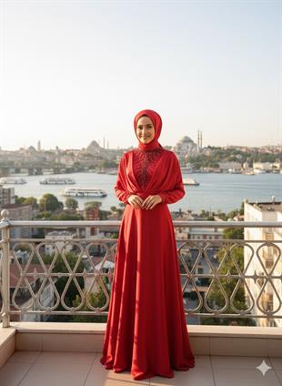 KENZEL SATEN  YAKA VE GÖĞSÜ TAŞ İŞLEMELİ ABİYE