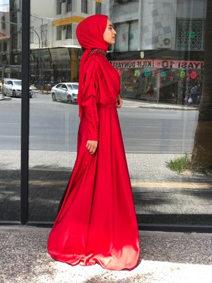 KENZEL SATEN  YAKA VE GÖĞSÜ TAŞ İŞLEMELİ EVENING DRESS