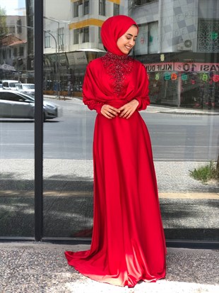 KENZEL SATEN  YAKA VE GÖĞSÜ TAŞ İŞLEMELİ EVENING DRESS