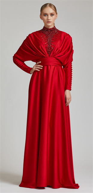 KENZEL SATEN  YAKA VE GÖĞSÜ TAŞ İŞLEMELİ EVENING DRESS