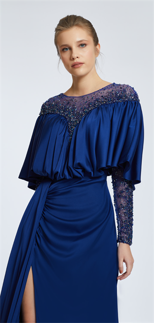 KENZEL SATIN COLLAR AND SLEEVES STONED EVENING DRESSE
