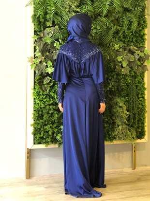 KENZEL SATIN COLLAR AND SLEEVES STONED EVENING DRESSE