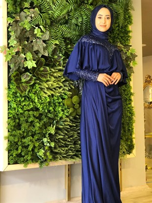 KENZEL SATIN COLLAR AND SLEEVES STONED EVENING DRESSE