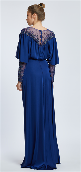 KENZEL SATIN COLLAR AND SLEEVES STONED EVENING DRESSE