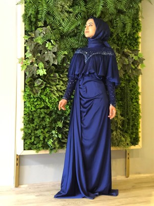 KENZEL SATIN COLLAR AND SLEEVES STONED EVENING DRESSE