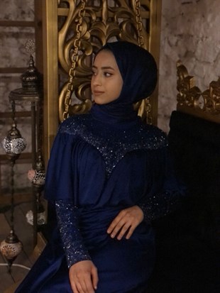 KENZEL SATIN COLLAR AND SLEEVES STONED EVENING DRESSE