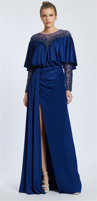 KENZEL SATIN COLLAR AND SLEEVES STONED EVENING DRESSE