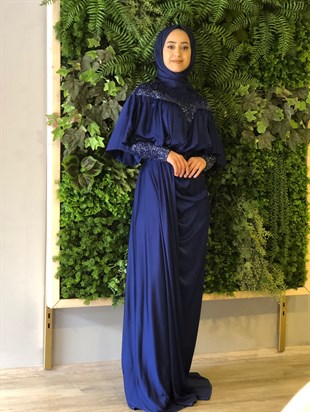 KENZEL SATIN COLLAR AND SLEEVES STONED EVENING DRESSE