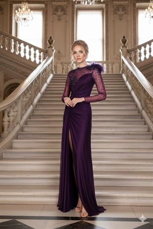 KENZEL Transparan Uzun Kollu İşlemeli Uzun Abiye Elbise