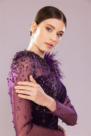 KENZEL Transparan Uzun Kollu İşlemeli Uzun Abiye Elbise