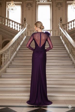 KENZEL Transparan Uzun Kollu İşlemeli Uzun Abiye Elbise