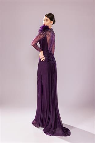 KENZEL Transparan Uzun Kollu İşlemeli Uzun Abiye Elbise