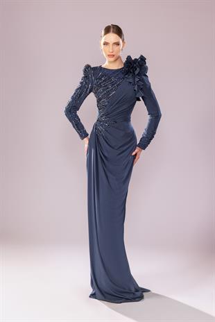 KENZEL Uzun Kollu İşlemeli Drapeli Tesettür Uzun Abiye Elbise