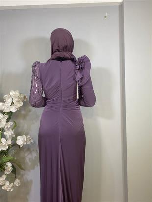 KENZEL Uzun Kollu İşlemeli Drapeli Tesettür Uzun Abiye Elbise