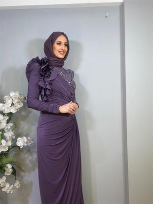 KENZEL Uzun Kollu İşlemeli Drapeli Tesettür Uzun Abiye Elbise