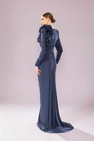 KENZEL Uzun Kollu İşlemeli Drapeli Tesettür Uzun Abiye Elbise