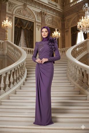 KENZEL Uzun Kollu İşlemeli Drapeli Tesettür Uzun Abiye Elbise