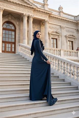 KENZEL Uzun Kollu İşlemeli Drapeli Tesettür Uzun Abiye Elbise