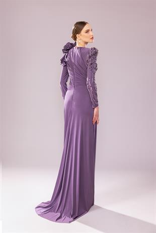 KENZEL Uzun Kollu İşlemeli Drapeli Tesettür Uzun Abiye Elbise