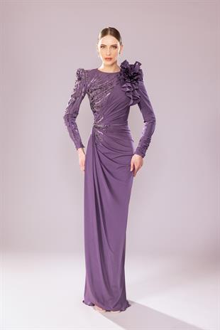 KENZEL Uzun Kollu İşlemeli Drapeli Tesettür Uzun Abiye Elbise