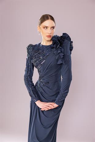 KENZEL Uzun Kollu İşlemeli Drapeli Tesettür Uzun Abiye Elbise