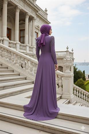 KENZEL Uzun Kollu İşlemeli Drapeli Tesettür Uzun Abiye Elbise