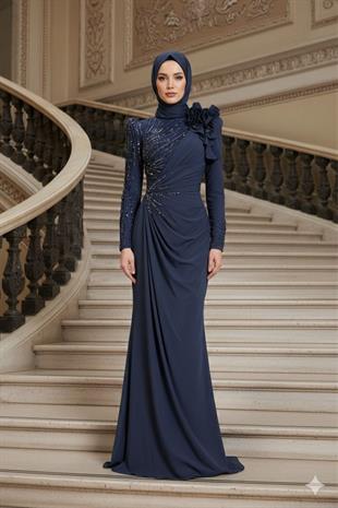 KENZEL Uzun Kollu İşlemeli Drapeli Tesettür Uzun Abiye Elbise