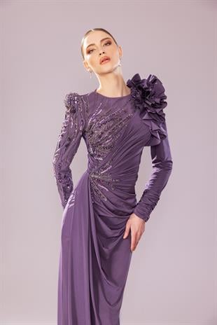 KENZEL Uzun Kollu İşlemeli Drapeli Tesettür Uzun Abiye Elbise