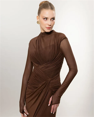 KENZEL Uzun Kollu Yırtmaçlı Drapeli Uzun Abiye Elbise