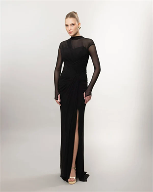 KENZEL Uzun Kollu Yırtmaçlı Drapeli Uzun Abiye Elbise