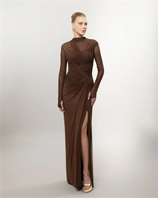 KENZEL Uzun Kollu Yırtmaçlı Drapeli Uzun Abiye Elbise