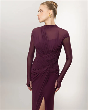 KENZEL Uzun Kollu Yırtmaçlı Drapeli Uzun Abiye Elbise