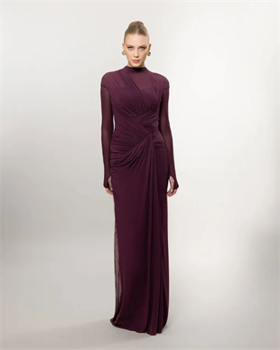 KENZEL Uzun Kollu Yırtmaçlı Drapeli Uzun Abiye Elbise