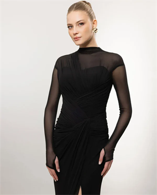 KENZEL Uzun Kollu Yırtmaçlı Drapeli Uzun Abiye Elbise