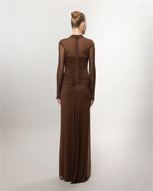 KENZEL Uzun Kollu Yırtmaçlı Drapeli Uzun Abiye Elbise