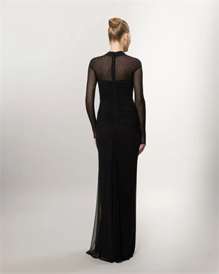 KENZEL Uzun Kollu Yırtmaçlı Drapeli Uzun Abiye Elbise