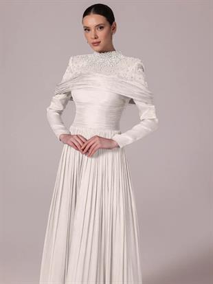 KENZEL Yakası Taş İşlemeli Pliseli Kabarık Tesettür Abiye Elbise