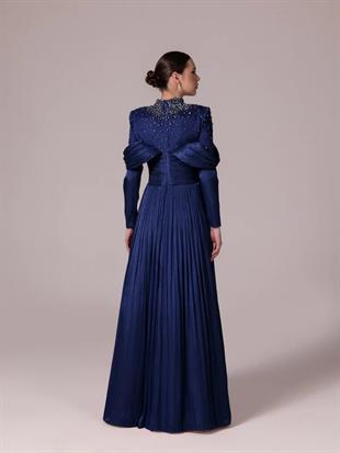 KENZEL Yakası Taş İşlemeli Pliseli Kabarık Tesettür Abiye Elbise