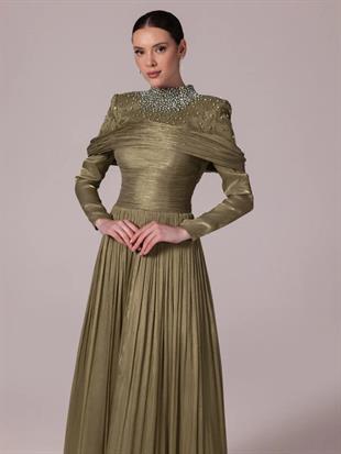 KENZEL Yakası Taş İşlemeli Pliseli Kabarık Tesettür Abiye Elbise